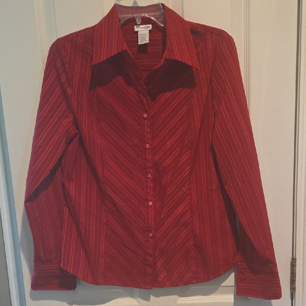 Red Fitted Long Sleeve Notched Collar Shirt